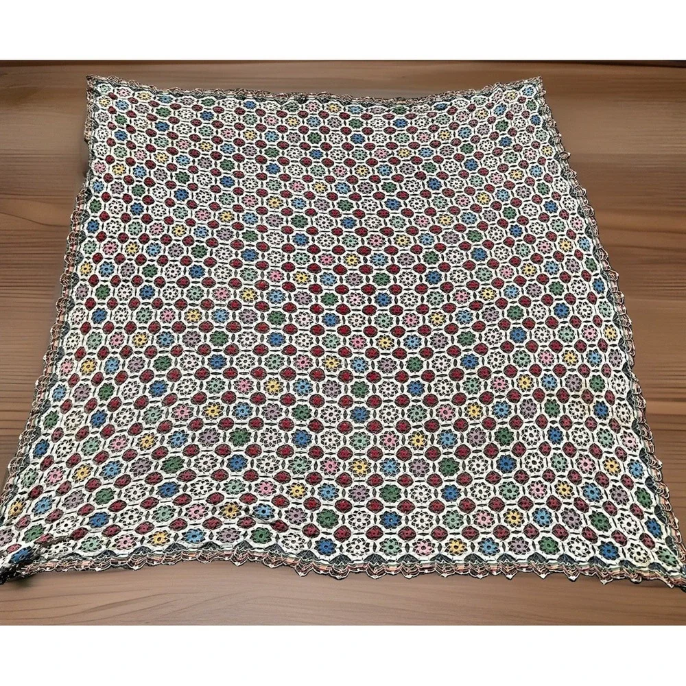 VTG Hand Crocheted Floral Heirloom Tablecloth Colorful & Ecru 60x60